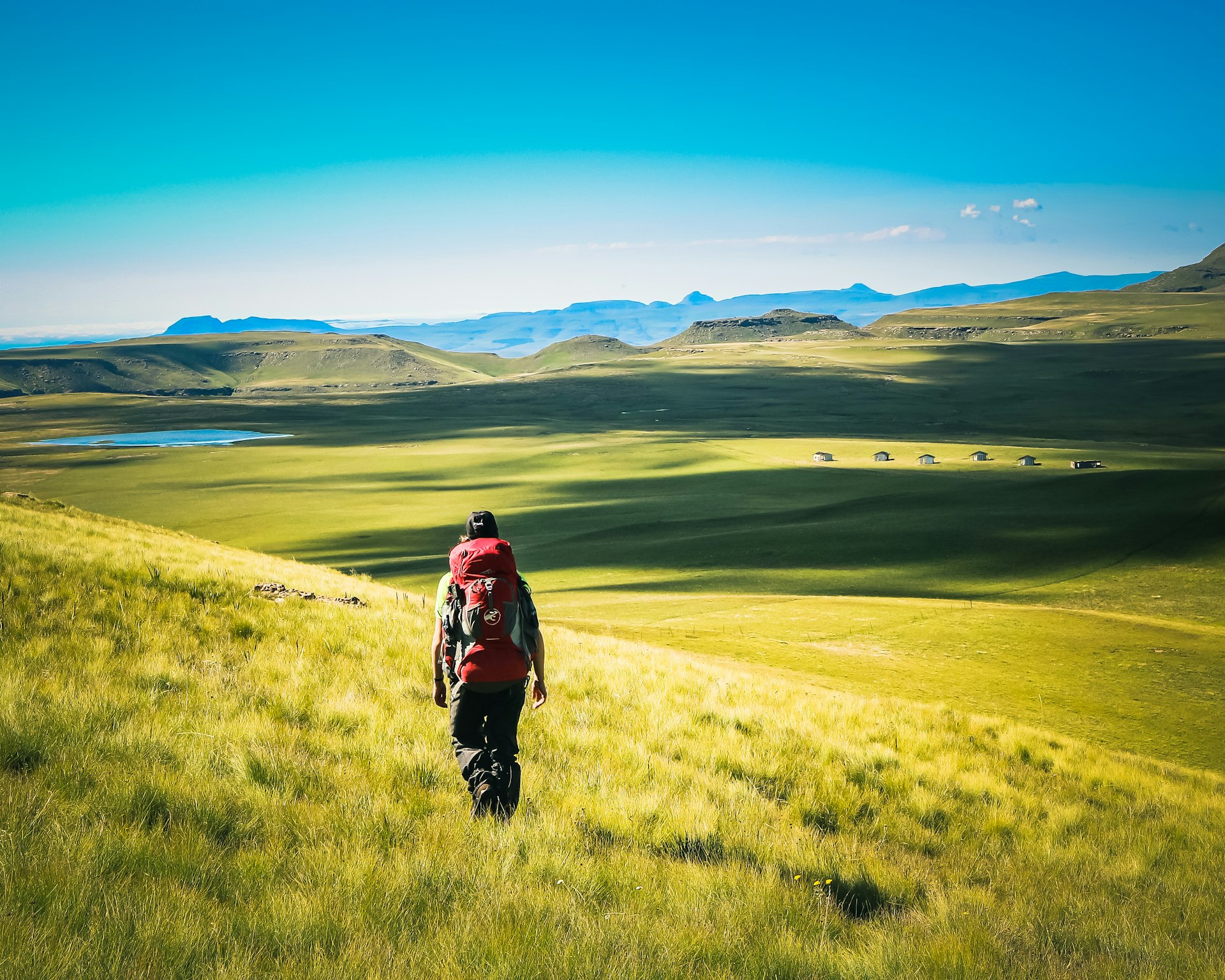man walking on green grass field